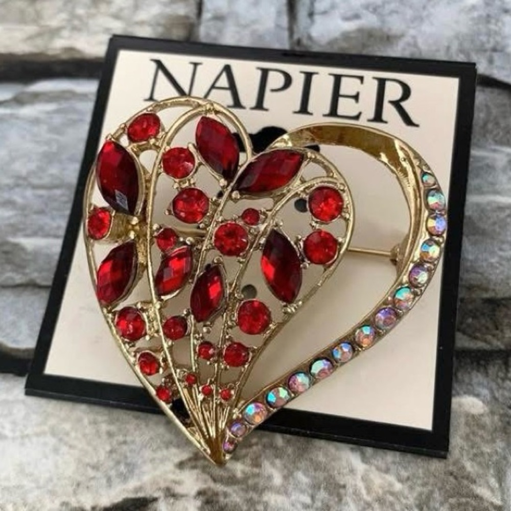 #68 Napier Floral Red Heart Figural Gold Tone Simulated Crystal Brooch Pin New